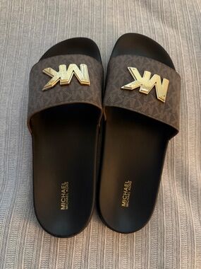 Michael Kors Brown Logo Slide Sandals with Gold MK